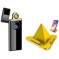 QOCXRRIN MAX USB DEL-08 Touch Lighter for Smoking Rechargeable Windproof Slim Coil Lighter with Smart Fingerprint Sensor Double Side Ignition Lighter Stylish Black & Mobile Holder Stand Piramid.