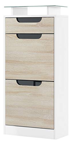 Gabinete de Zapatos Fiesta V2, Cuerpo en Blanco Mate/Frente en Roble áspero con molduras en Negro de Alto Brillo