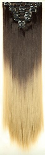 S-noilite 26 Inches (66cm) Full Head Clip in Hair Extensions Ombre Straight Dip Dye 8 Pcs Dark Brown to Ash Blonde
