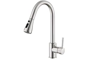 Heable Kitchen Sink Mixer Tap with Pull Down Sprayer Brushed Nickel, Single Handle High Arc Pull Out Kitchen Taps, Single Level Stainless Steel Kitchen Faucet with UK Standard Fittings