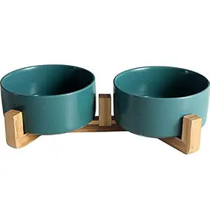 Ceramic Round Dog Cat Bowl - Durable Ceramic Food Water Elevated Dish for Pet,with Wood Stand,28 Ounces (Green x 2)