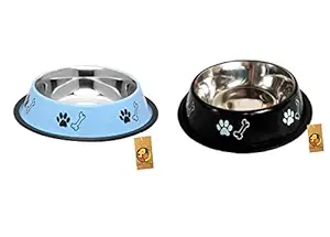 Foodie Puppies Stainless Steel Combo Offer Paw Bone Printed Sky Blue and Night Black Food Water Feeding Bowl for Dogs & Puppies (Medium, 700ml Each)