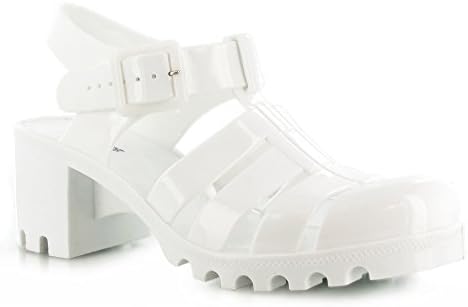 WOMENS LADIES GIRLS CLEAR SEE THROUGH GLITTER BLACK WHITE HOT SUMMER BEACH HOLIDAY BUCKLE RETRO JELLY MID BLOCK HEEL SANDALS. (UK 7 / EU 40, WHITE)