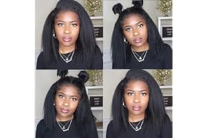 Fereowth 13x4 Lace Front Yaki Kinky Straight Wigs Perruque Femme Naturelle Bresilienne Perruque Cheveux Humain Glueless Wigs for Women 150% Densité 12Pouces (30cm)