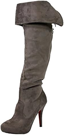 shoeFashionista Style 9 Grey Size 8 - Womens Riding Style Winter Ladies Flat Low Heel Fur Knee High Boots