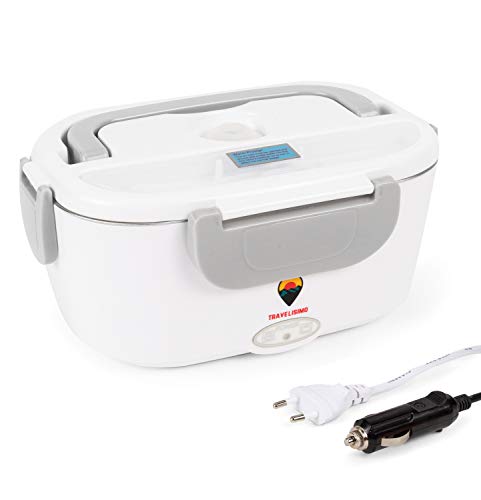 Fiambrera Eléctrica 2 en 1 para Coche y Trabajo - Tartera Comida Caliente Acero Inoxidable 12V y 220V - Taper y Termo 40W con Cuchara y Dos Compartimentos