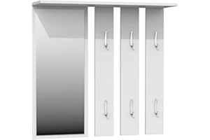 ADGO Conjunto de Muebles de Pasillo Opal 2 en 1, vestidor, 6 Ganchos y Estante, Juego de Armario, Panel de Armario, Espejo de Pared Rectangular, Perchero de Pared (Espejo + Perchas, Blanco)