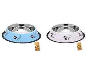 Foodie Puppies Stainless Steel Combo Offer Paw Bone Printed Sky Blue and Royal White Food Water Feeding Bowl for Dogs & Puppies (Medium, 700ml Each)