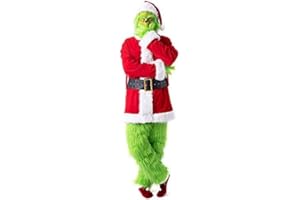 SUAIIOLK Weihnachten Grinch Kostüm, Green Monster Costume for Men Christmas, 7Pcs Grinch Cosplay Santa Suit