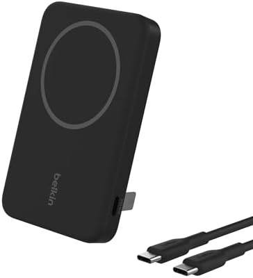 Belkin BoostCharge Pro Power Bank Magnetico 5000mAh con Qi2, caricabatterie portatile compatibile con MagSafe, supporto integrato, power bank wireless per iPhone 16, iPhone 15, 14 e altri, Nero