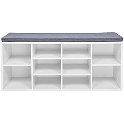 Banc de Rangement à Chaussures, Meuble de Rangement pour Chaussures, Range-Chaussures en Bois avec Coussin de Siège pour Entrée Chambre à Coucher (Blanc)