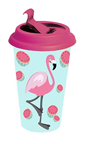 POS 28845 - Coffee to Go Becher mit angesagtem Flamingo Motiv, aus Bambus, mit Deckel und Banderole, Fassungsvermögen ca. 390 ml, ideal zum Genuss von Kaffee oder anderen Heißgetränken für unterwegs