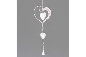 TEMPELWELT Deko Anhänger Dekokette Herz 74 cm, Metall weiß vintage Landhausstil, Herzanhänger Fensterdeko Herzdeko Dekoanhänger Windspiel Hochzeitsdeko