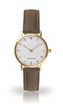 YVES CAMANI LÈA Damen-Armbanduhr Analog Quarz goldenes Edelstahl-Gehäuse weißes Zifferblatt (Leder - Grau)