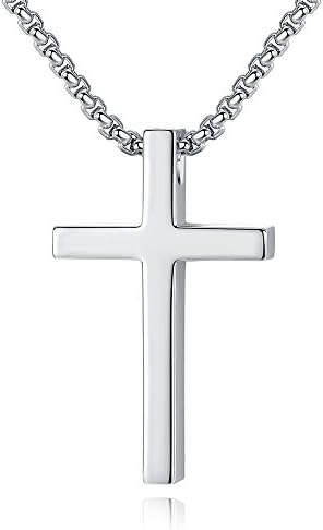 REVESTEEL Simple Stainless Steel Cross Pendant Chain Necklace for Men Women, 20''-22โโ Link Chain (Silver-Tone(S): 20โโ Rolo Chain)