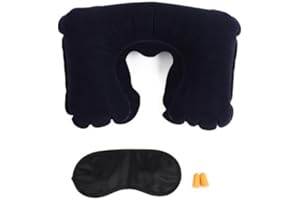 EUROAMZ Almohada Hinchable con Tapones para Oidos y Antifaz, Almohada Cervical y Cuello mas Kit de Viaje. Extra Fino (Negro)