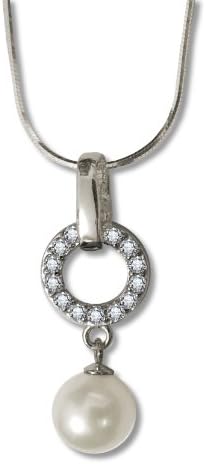 925 Sterling Silver Freshwater Cultured Pearl Necklace with Pave Set Cubic Zirconia Circle Necklace, 18"