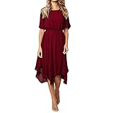 iHENGH Damen Frühling Sommer Rock Bequem Lässig Mode Kleider Frauen Röcke Kurzarm o Neck knielangen Dress Abend Party Dress