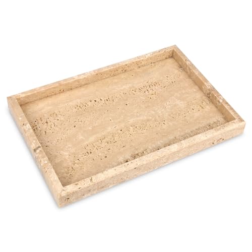 Vassoio Portaoggetti da Bagno Marmo Naturale Svuotatasche Ingresso Versatile Vassoio da Letto Decorazioni Vassoio Soggiorno Cucina Profumi Asciugamano Pianta Candele (Travertino, 30 x 20 x 3 cm)