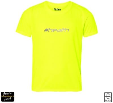 Mens Hi Viz Reflective sports performance t shirt. MovoBright Hashtag Range #health (Other hashtags available from store). Perfect for that Night Time Run Cycling Workout. High Visibility Bright Fluorescent Safety Yellow with lettering that Reflect and are visible to approaching motorists in front and from behind motorists from up to 300m away.