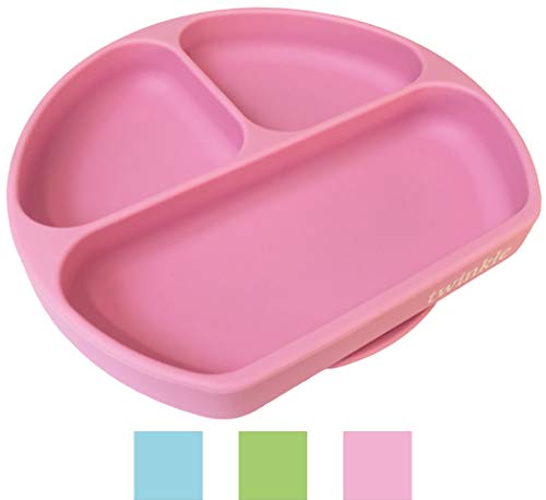 Twinkle Plato de Silicona con Ventosa para Bebe - Plato Infantil Antideslizante con Succion para BLW y Aprendizaje Bebes (Rosa)
