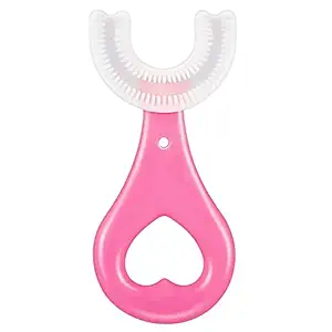 tekme Kids U-Shaped Toothbrush For 2-6 Years, Teeth Dental Care Hand-Held Version, Food Grade Soft Silicone Brush Head, Manual Toothbrush 360? Oral Teeth Cleaning Tools (Pink)
