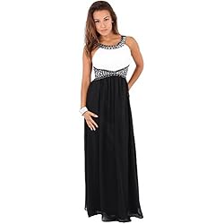 KRISP Vestido Largo Fiesta Ceremonia Elegante, Blanco/Negro (5274), 38, 5274-WHTBLK-10
