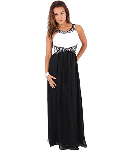 KRISP Vestido Largo Fiesta Ceremonia Elegante, Blanco/Negro (5274), 38, 5274-WHTBLK-10