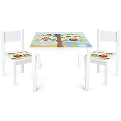 Table et 2 chaises Enfant Motif De Hiboux Chambre Enfant Meuble Enfant Mobilier Chaise d'Enfant Baby Table Pour Enfants Petit Bureau Couleur Blanc Avec Motif