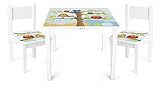 Peso 10 kg Conjunto Infantil de Mesa y Dos Sillas Madera Para Miños 1 Mesa y 2 Silas Juego de Muebles Infantiles Para Cuarto de Los Niños Estable Alta Calidad Jardín de La Infancia Esquina Infantil Diversión y Aprendizaje Blanco Impresión Búhos