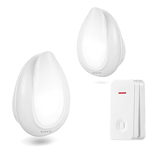 Sonette étanche, Carillon de Porte sans pile, étanche IP47 Novete Ecody lampe à 150 Mètres de Portée, Kit de Carillon avec la lampe et 32 Mélodies au 4 Niveau Volumes pour Maison, Bureau, Hôtel, Un Emetteur et deux Récepteurs Inclus