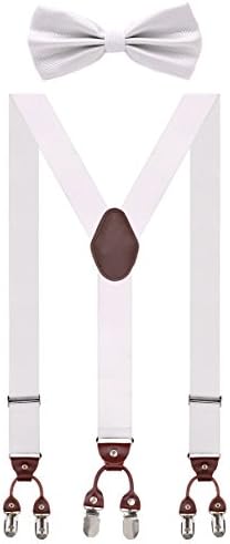Men Braces 35mm Standard Adjustable and Elastic Suspenders Y Shape with 6 Strong Clips,White Bowtie