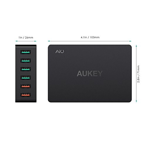 AUKEY Quick Charge 3.0 Caricabatterie USB da Muro 6 Porte 60W Caricatore USB per Samsung Galaxy S8 / Note 8, LG G5 / G6, Nexus 5X / 6P, HTC 10, iPhoneÂ XÂ /Â 8Â /Â 8Â Plus, iPad, Smartphone e Tablet ecc.