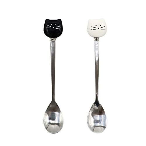 Luwu-Store Cuillère à café avec poignée en céramique en Forme de Chat de Dessin animé - Cuillère à thé en Acier Inoxydable, Acier Inoxydable Céramique, Blanc/Noir, 2Pcs