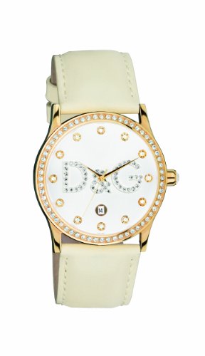 D&G Gloria Ladies Quartz Watch DW0001 With Silver Analogue Dial With Stone, Date, Gold Colour Ip Case And Cream Leather Strap