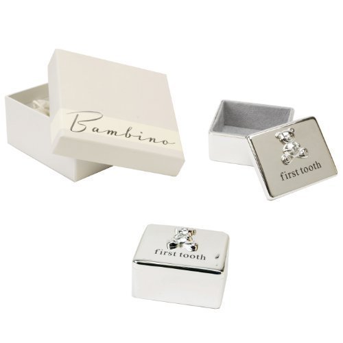 Bambino Baby Christening Gifts. Silverplated First Tooth Keepsake Box with Teddy Bear Decoration