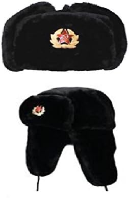 sweetgrana Popular Faux Fur Russian Military Hat Soviet Badge Black