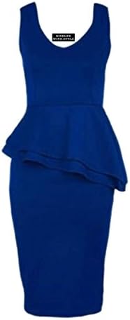 Baleza Ladies Bodycon Knee Length Midi Dress Women Sleeveles Side Frill Peplum (UK 12-14, Royal Blue)