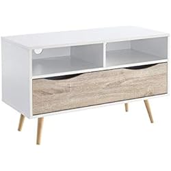 BELA Meuble TV scandinave blanc et décor chene mat + pieds en bois hévéa - L 90 cm