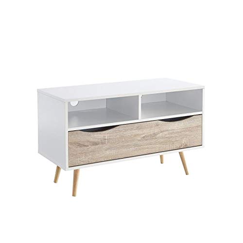 BELA Meuble TV scandinave blanc et décor chene mat + pieds en bois hévéa - L 90 cm