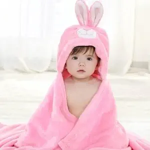 MK Lommtex Soft Hooded Baby Bath Robe Towel for Childs /Baby Girls / Baby Boys Upto 2 Years (Pink Rabbit)