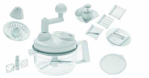 Westmark Manuelle Küchenmaschine 9 in 1, Hobel/Reibe/Julienne-Schneider/Zitruspresse/Schneider/Schaumschläger/Eidottertrenner, Kunststoff/Rostfreier Edelstahl, Küchenhexe, Weiß/Transparent, 11402260 - 11
