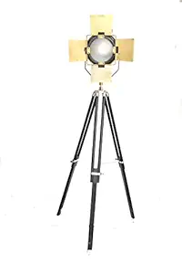 M.Nauticalmart Hollywood Style Brass Floor Lamp Antique Handmade Design Nautical Searchlight with Wooden Stand Home Decor