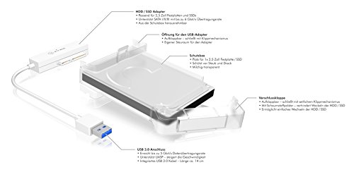 Icy Box IB-AC703-U3 USB 3.0 zu SATA Adapter für 2,5″ (6,35 cm) HDD/SSD mit Schutzbox für Adapter & Laufwerk, SATA III, UASP - 4