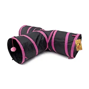 Foodie Puppies Interactive Light Weight Foldable Hiding Tunnel with Hanging Ball for Cat, Kitten, Rabbit, Guinea Pig & Puppies (T Shape Pink Black)