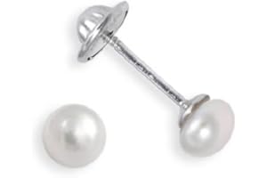 Turmalina by martina, Pendientes para Bebé Niña de Plata de Ley 925, con Perla Natural, Tamaño de 4 mm