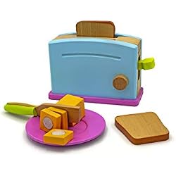 Jeu d'imitation Grille-Pain Jouet en bois toaster Ensemble pour enfants, Kit petit déjeuner cuisine bleue pop-up jouer à la nourriture jouets éducatifs pour les garçons et filles 3 ans