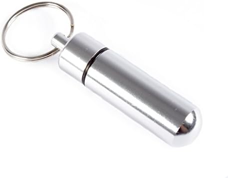 Aribari 5 x aluminium key ring. Mini pillbox tablet box. waterproof capsule for on the go. Address or gift tag. Length 5.2 cm ø 1.4 cm (Silver pack of 5)