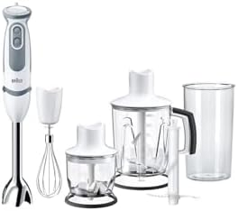 Braun MQ5245WH Minipimer con 5 ANNI DI ASSISTENZA, Frullatore ad immersione, 1000W, 4 accessori, 21 velocità di lavorazione, antischizzo, bianco/grigio