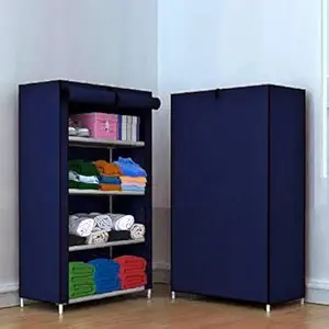 REXERA Multipurpose 4 Shelve Baby Wardrobe, Foldable, Collapsible Fabric Wardrobe Organizer for Clothes (Unbreakable Material) - Navyblue, Pack of 1